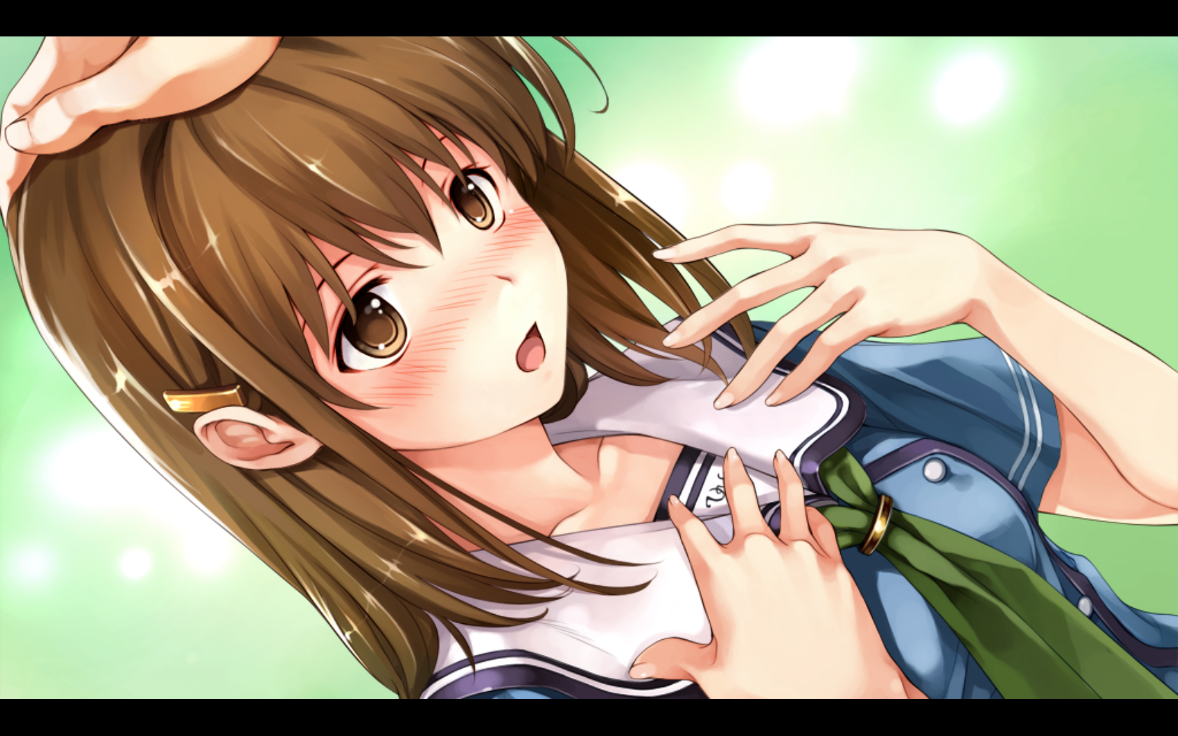 cradle (circle), misaki kurehito, tsuyazaki kokage, abhar, suiheisen made nan mile?, game cg, highres, 1girl, blush, brown eyes, brown hair, headpat, letterboxed, school uniform, solo focus