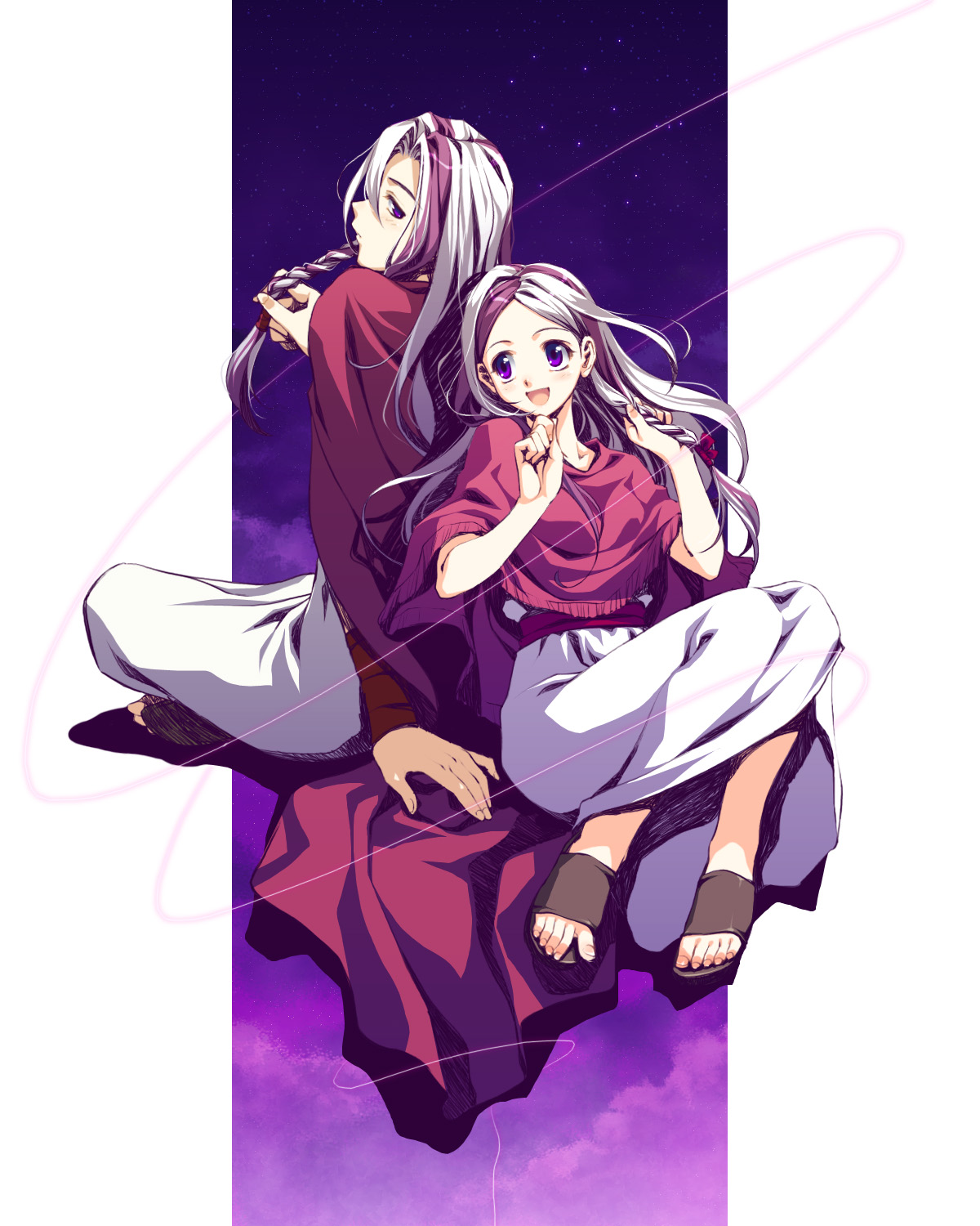 mashimaro, artemisia, eleuseus, moira, sound horizon, highres, braid, long hair, purple eyes, siblings, twins, white hair