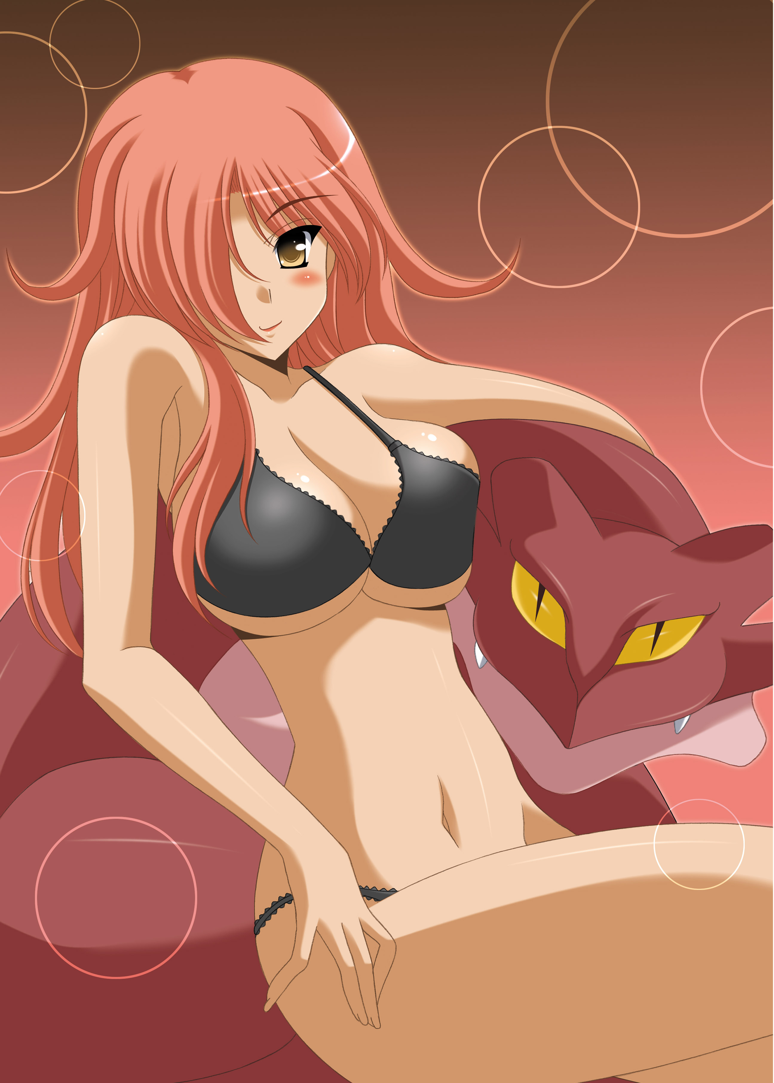 oda ken'ichi, kirche augusta frederica von anhalt zerbst, zero no tsukaima, absurdres, highres, 00s, 1girl, bra, breast press, breasts, cleavage, dark-skinned female, dark skin, female focus, hair over one eye, large breasts, lingerie, panties, pink hair, solo, underwear, underwear only