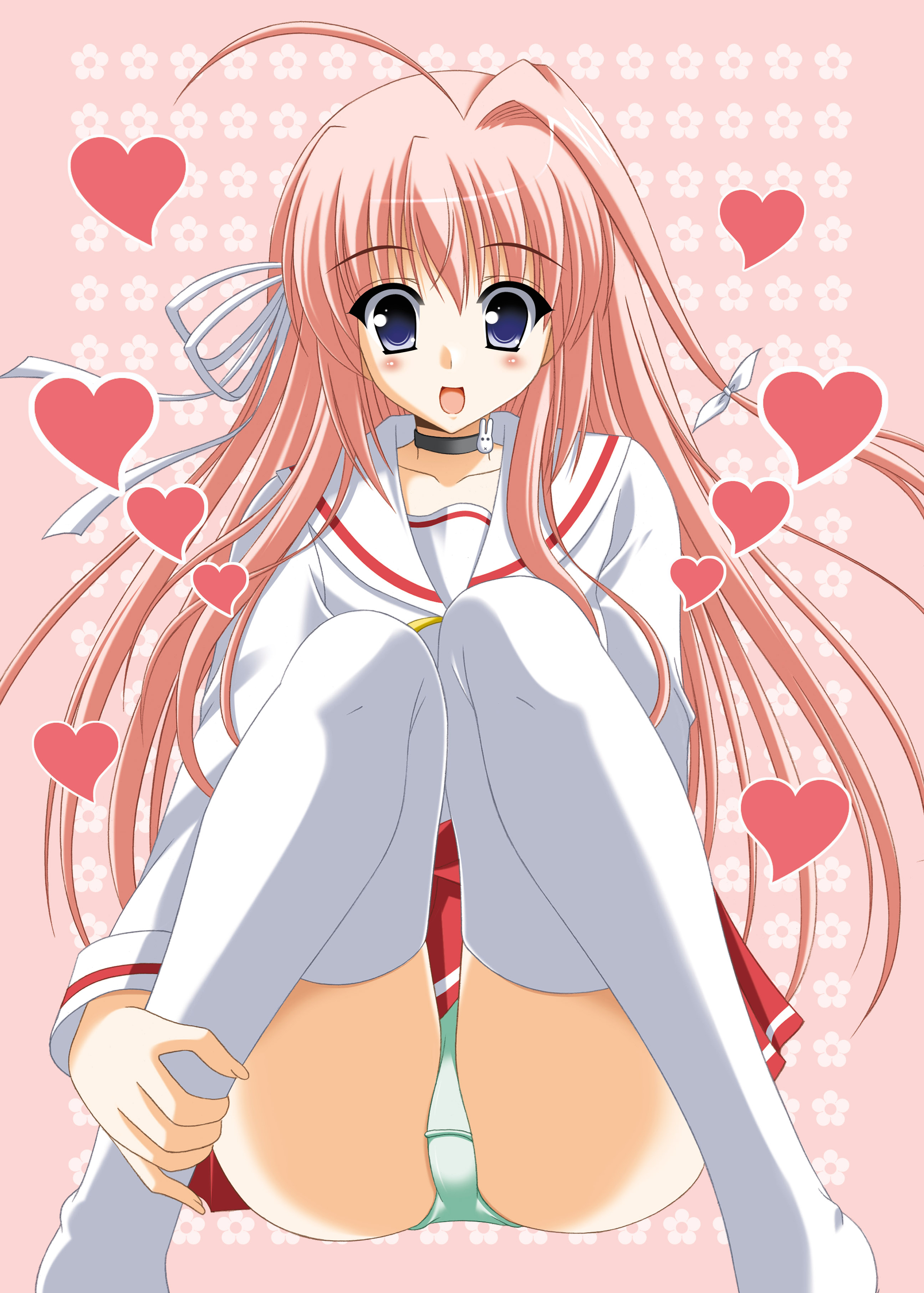 oda ken'ichi, fukamine riko, gift (game), absurdres, highres, 00s, 1girl, :d, ahoge, blue eyes, female focus, green panties, hair ribbon, heart, open mouth, panties, pink hair, ribbon, school uniform, serafuku, single hair intake, sitting, skirt, smile, solo, thighhighs, underwear, white thighhighs