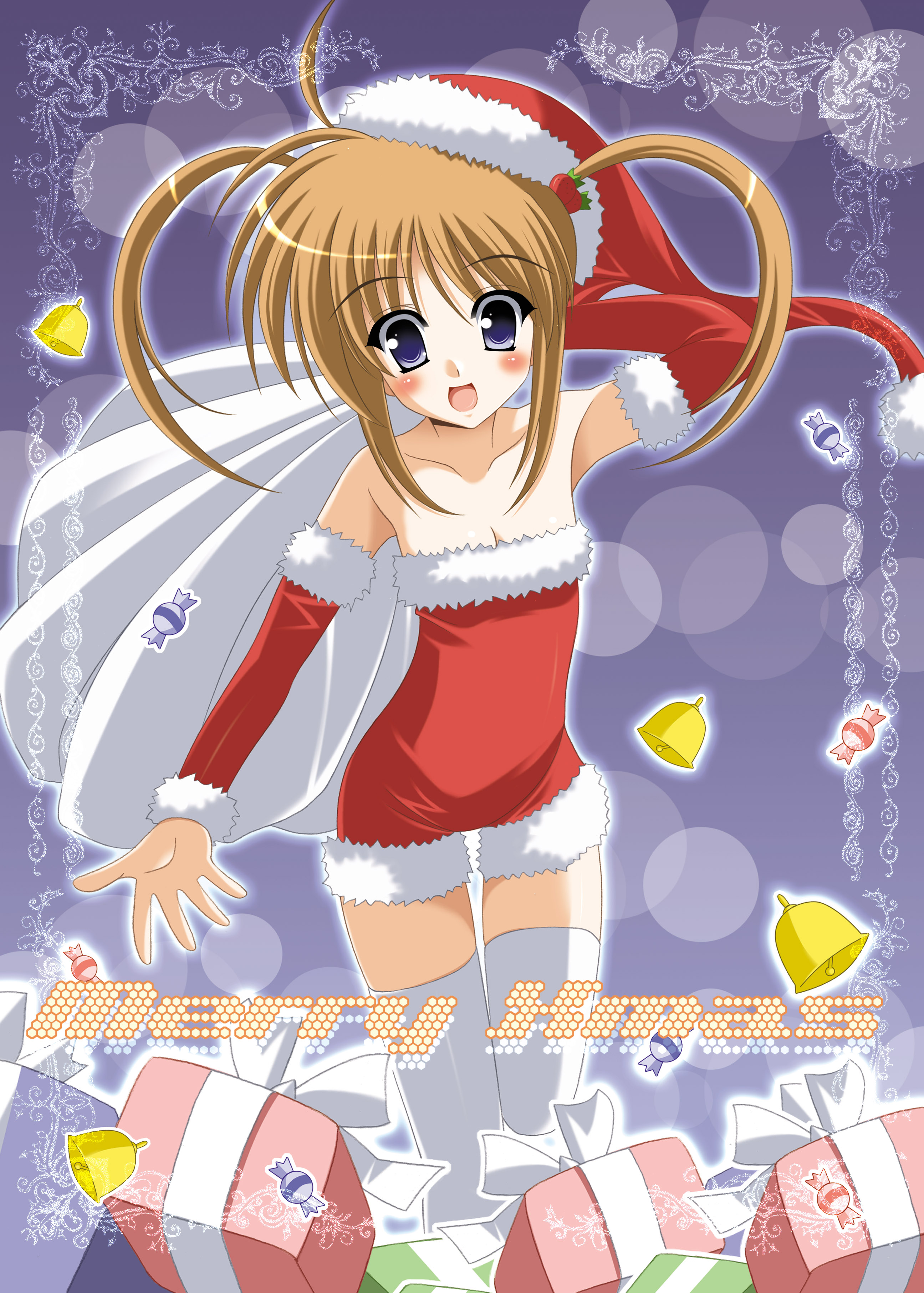 oda ken'ichi, takamachi nanoha, lyrical nanoha, mahou shoujo lyrical nanoha, absurdres, highres, 00s, 1girl, christmas, dress, female focus, santa costume, solo, strapless, strapless dress, thighhighs, zettai ryouiki