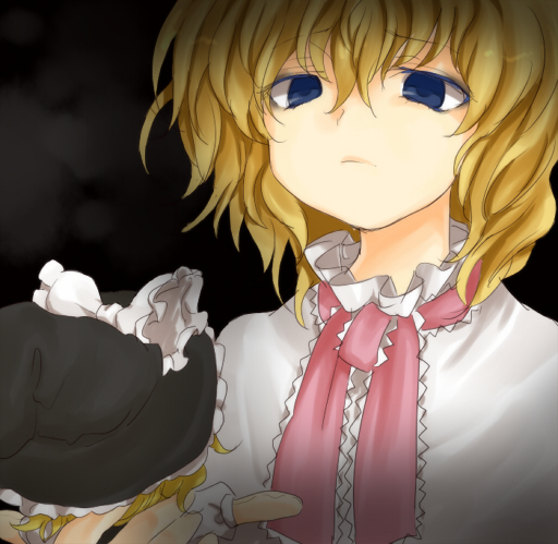niji (nijioki), alice margatroid, kirisame marisa, touhou, 1girl, blonde hair, blue eyes, character doll, doll, female focus, hat, solo, witch, witch hat, yukkuri shiteitte ne