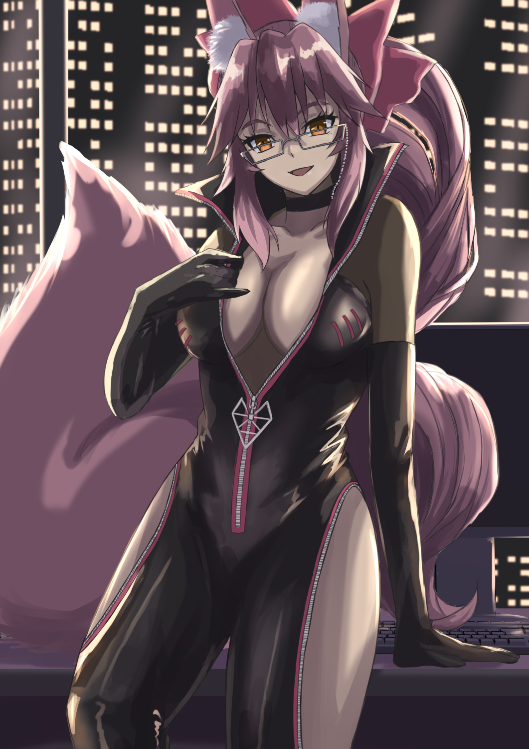 ksfactory, koyanskaya (assassin) (first ascension) (fate), koyanskaya (fate), fate/grand order, fate (series), highres, 1girl, animal ear fluff, animal ears, black bodysuit, bodysuit, bow, breasts, center opening, choker, cleavage, clothing cutout, fox ears, fox girl, fox tail, glasses, hair between eyes, hair bow, hip vent, large breasts, long hair, looking at viewer, open mouth, pink bow, pink hair, ponytail, sidelocks, smile, solo, tail, thighs, window, yellow eyes