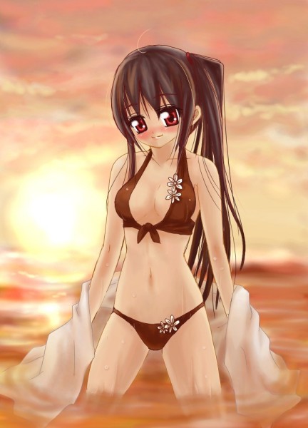 kaito (pixiv258856), kaito azuma, original, 1girl, beach, bikini, brown bikini, brown hair, female focus, ponytail, red eyes, solo, swimsuit, towel