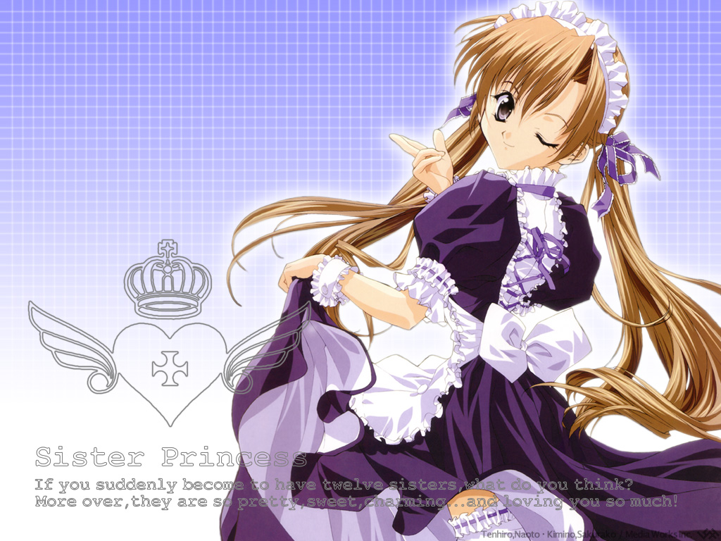 sakuya (sister princess), sister princess, non-web source, 00s, 1girl, black eyes, brown hair, dress, english text, engrish text, female focus, frills, long hair, maid, one eye closed, ranguage, solo, thighhighs, twintails, wink
