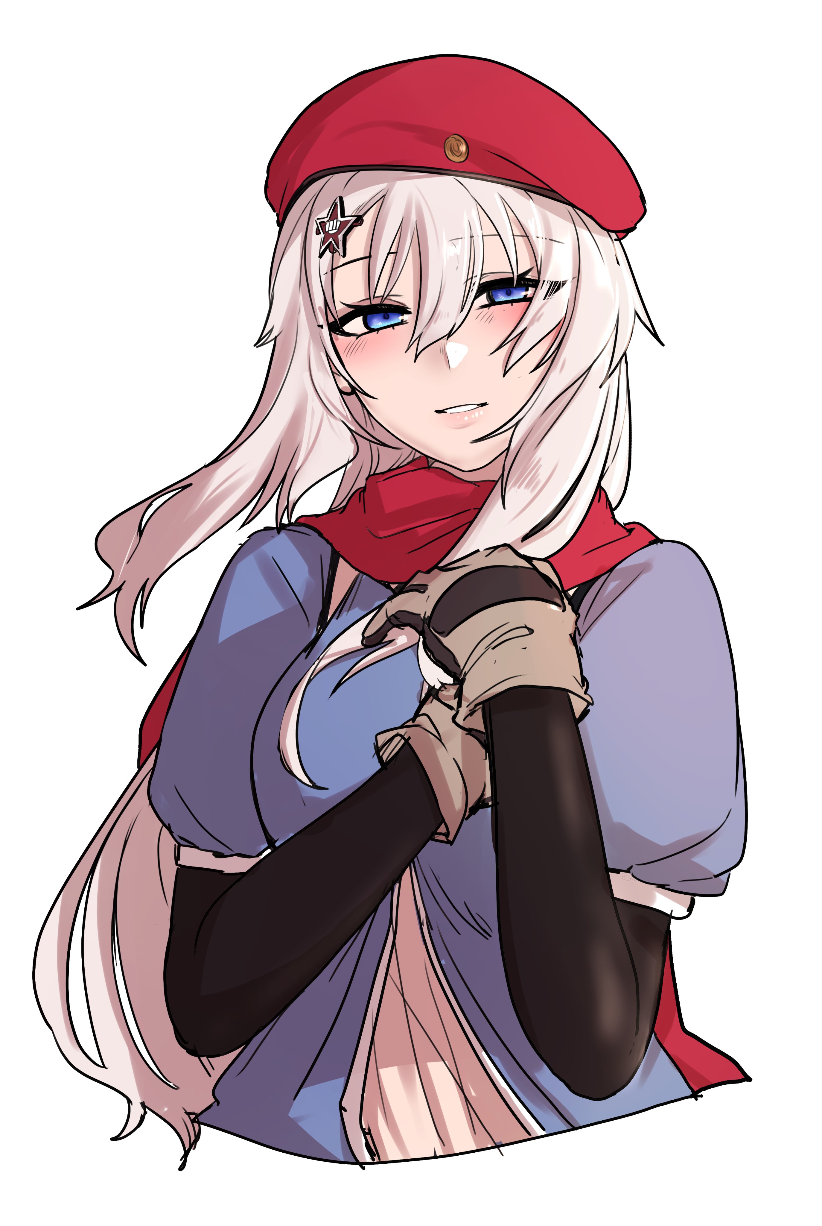 2poet, 9a-91 (girls' frontline), girls' frontline, absurdres, commentary request, highres, korean commentary, 1girl, beret, blue eyes, blush, brown gloves, cropped torso, gloves, hair between eyes, hair ornament, hands on own chest, hat, light smile, long hair, looking at viewer, parted lips, red hat, red scarf, scarf, simple background, solo, star (symbol), star hair ornament, white background, white hair