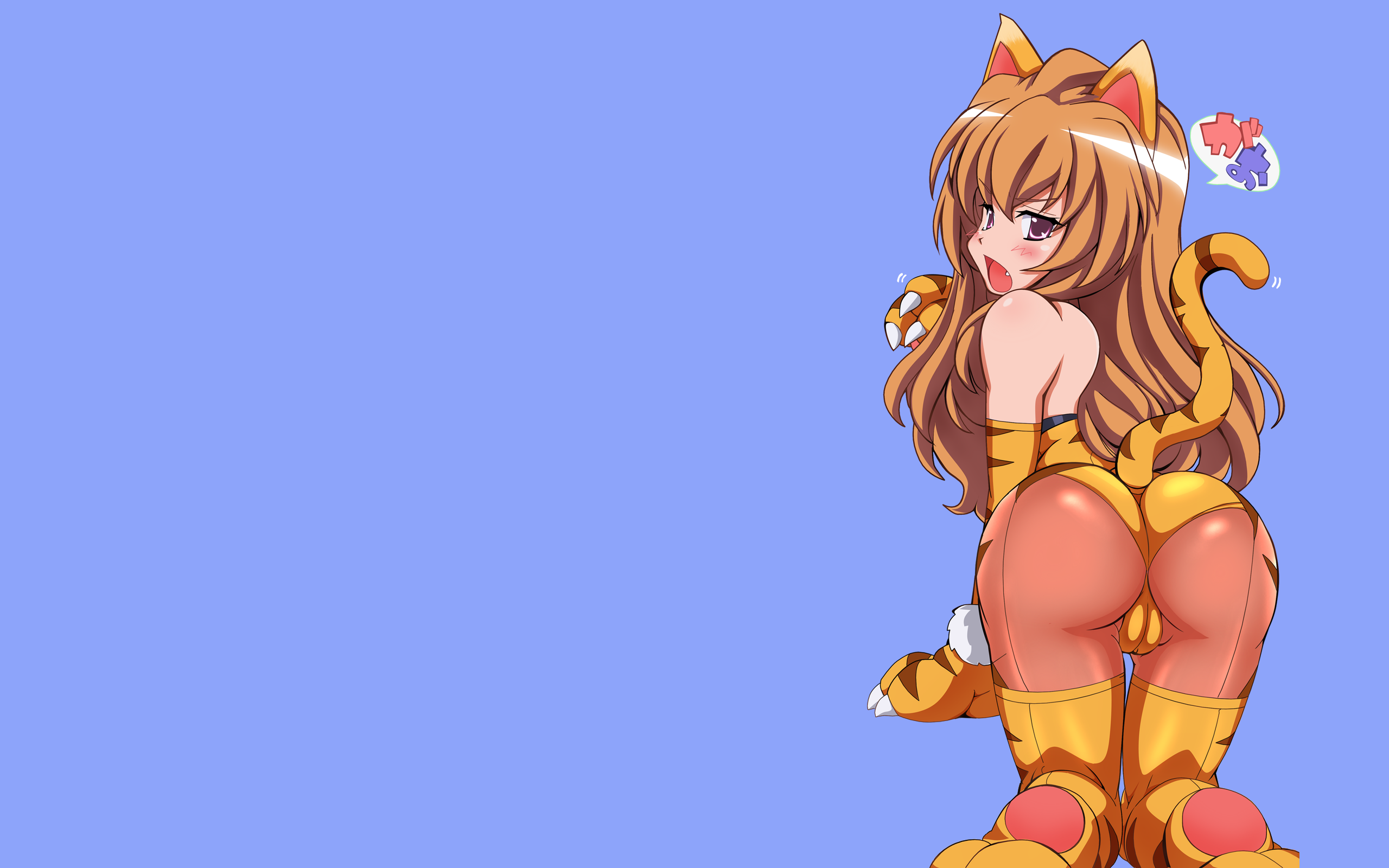 aisaka taiga, toradora!, highres, non-web source, 00s, 1girl, animal costume, animal ears, animal print, ass, brown eyes, brown hair, claws, costume, female focus, leotard, long hair, pantyhose, solo, tail, thighhighs, tiger, tiger costume, tiger ears, tiger print