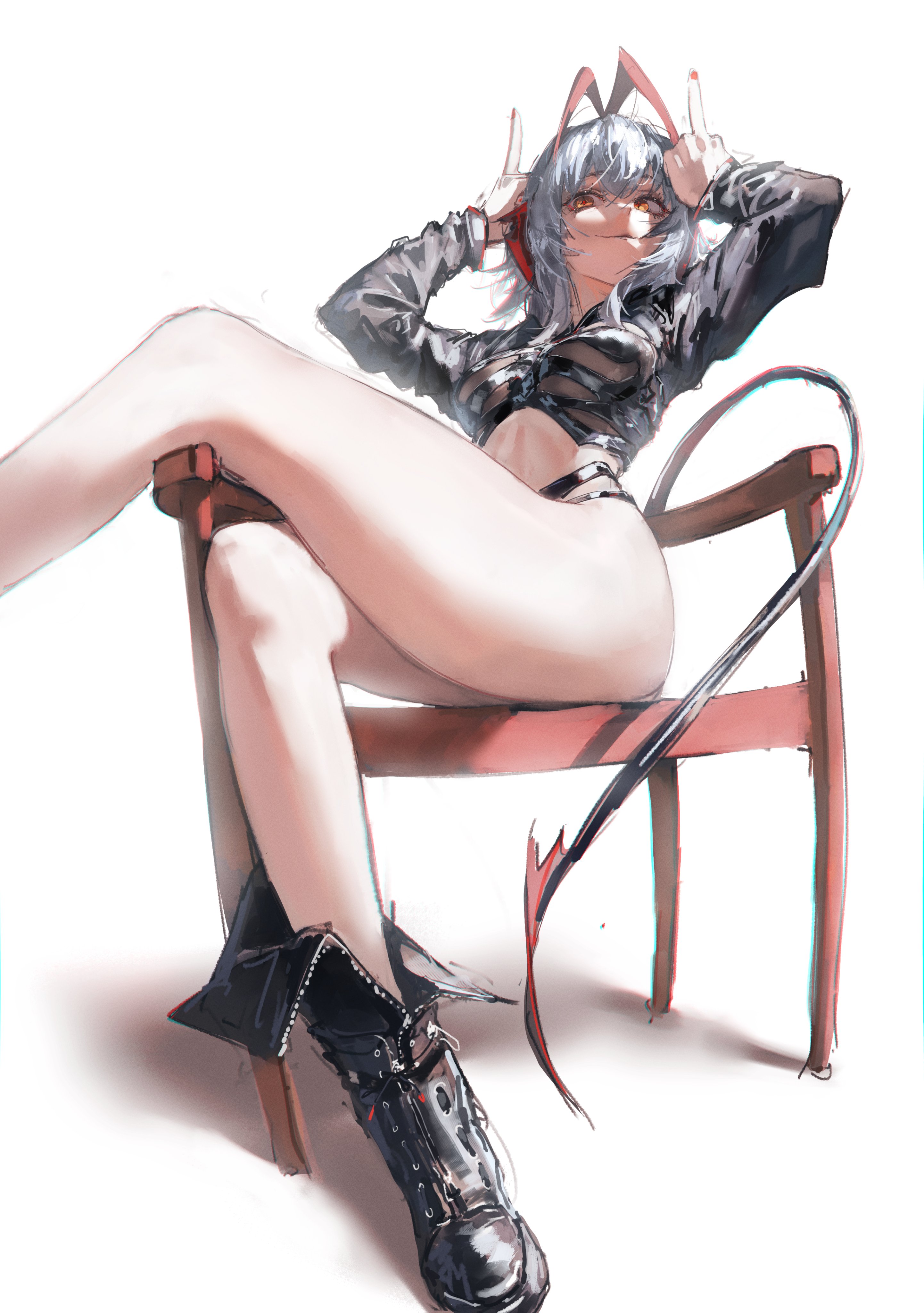 gandy (gan3e46), w (arknights), wis'adel (arknights), arknights, absurdres, commentary, highres, making-of available, 1girl, antenna hair, arms up, black boots, black panties, black shrug, boots, breasts, brown eyes, chair, crop top, demon horns, demon tail, double middle finger, foot out of frame, grey hair, hair between eyes, highleg, highleg panties, horns, jacket, knee boots, large breasts, legs, long sleeves, looking at viewer, middle finger, nail polish, no pants, on chair, panties, red horns, red nails, red pupils, shrug (clothing), simple background, sitting, smirk, solo, stomach, tail, thighs, underwear, unzipped, white background