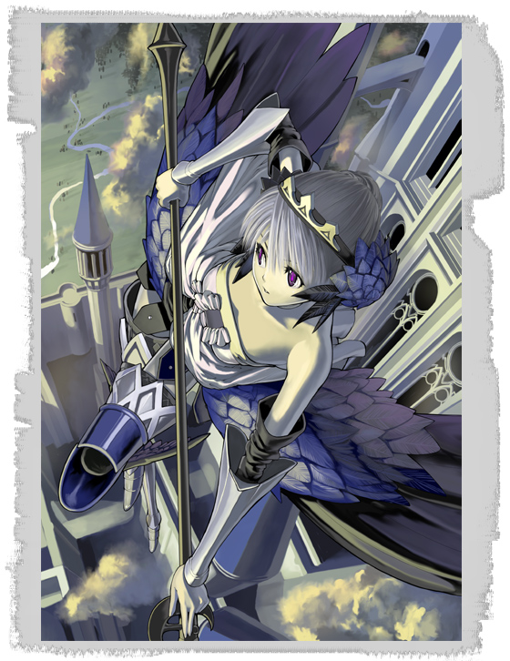 nakabayashi reimei, gwendolyn (odin sphere), odin sphere, 1girl, armor, armored dress, dress, female focus, pteruges, solo, strapless, strapless dress, wings