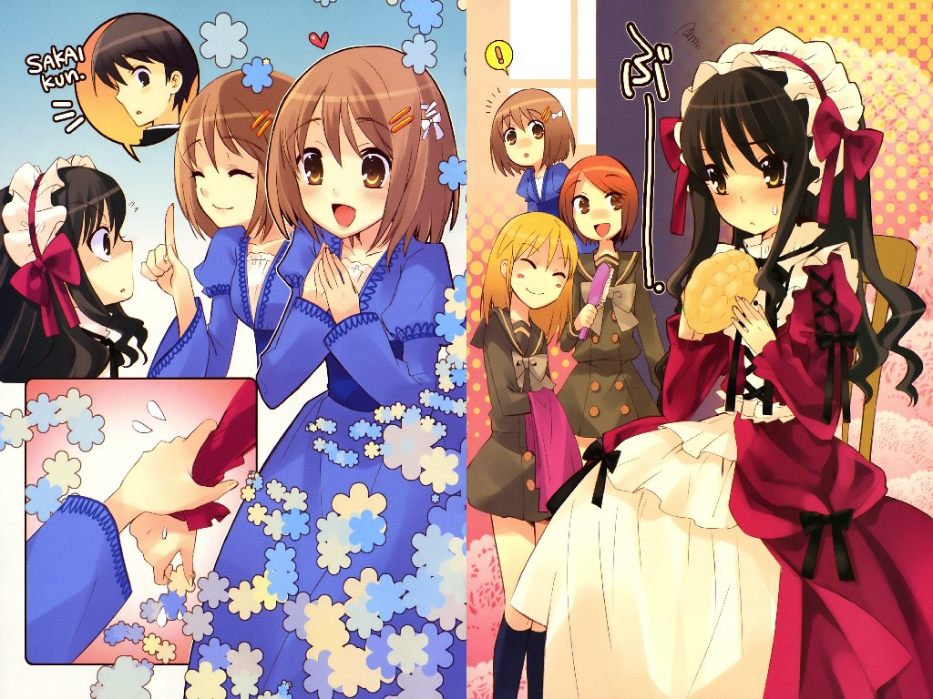 ito noizi, sakai yuuji, shana, yoshida kazumi, shakugan no shana, non-web source, 00s, 1boy, 4girls, bread, dress, food, goth fashion, gothic lolita, lolita fashion, melon bread, multiple girls
