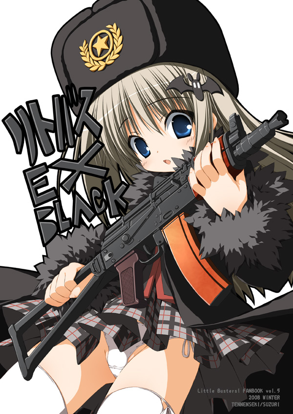 suzuri, suzuri (tennenseki), noumi kudryavka, little busters!, winter hat, 00s, 1girl, 2008, aks-74u, artist name, assault rifle, blue eyes, coat, copyright name, female focus, fur-trimmed coat, fur hat, fur trim, gun, hat, kalashnikov rifle, looking at viewer, panties, pantyshot, plaid clothes, plaid skirt, pleated skirt, rifle, simple background, skirt, solo, thighhighs, underwear, ushanka, weapon, white background, white panties, white thighhighs