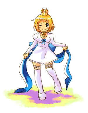 tsuyuka (sunny spot), marl kingdom, nippon ichi, puppet princess (marl kingdom), lowres, 1girl, blonde hair, crown, dress, female focus, short hair, solo, thighhighs