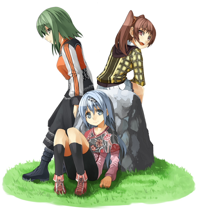 murata taichi, original, black footwear, plaid, silver hair, 3girls, :d, bike shorts, black socks, boots, brown eyes, brown hair, faux figurine, floral print, from side, full body, grass, green eyes, green hair, grey eyes, hair ornament, hairclip, kneehighs, knees up, long hair, long sleeves, looking at viewer, multiple girls, open mouth, rock, short hair, simple background, sitting, skirt, smile, socks, twintails, very long hair, white background