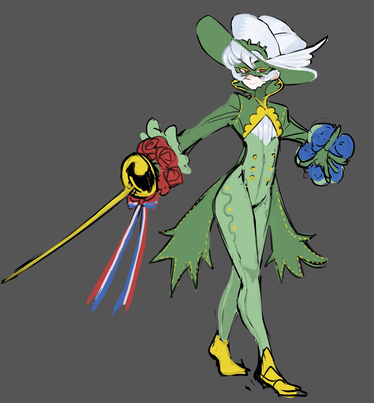 dancho no mori, roserade, nintendo, pokemon, highres, 1girl, blue flower, blue rose, bodysuit, closed mouth, domino mask, flat chest, flower, full body, gen 4 pokemon, gloves, green bodysuit, green gloves, grey background, hat, holding, holding sword, holding weapon, mask, personification, pointy nose, rapier, red eyes, red flower, red rose, rose, shoes, short hair, simple background, smile, solo, sword, top hat, turtleneck, weapon, white hair, white hat, yellow shoes