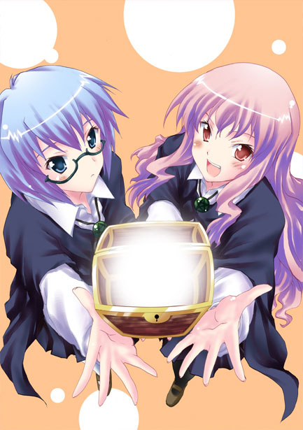 louise francoise le blanc de la valliere, tabitha (zero no tsukaima), zero no tsukaima, artist request, non-web source, 00s, 2girls, blue eyes, blue hair, cape, glasses, long hair, multiple girls, orange background, pantyhose, pentacle, pink eyes, pink hair, short hair, thighhighs, treasure chest