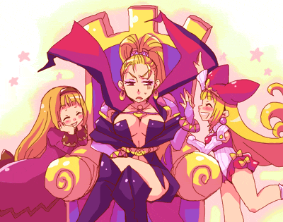 tsuyuka (sunny spot), crea rosenqueen, marjoly, princess kururu, little princess, marl kingdom, nippon ichi, puppet princess (marl kingdom), red headwear, lowres, 3girls, ^ ^, annoyed, blonde hair, blush, blush stickers, boots, breasts, chair, cleavage, closed eyes, crossed legs, dress, gradient background, hairband, happy, hat, head rest, high ponytail, large breasts, leotard, long hair, multiple girls, no bra, ponytail, revealing clothes, simple background, sitting, star (symbol), very long hair, witch