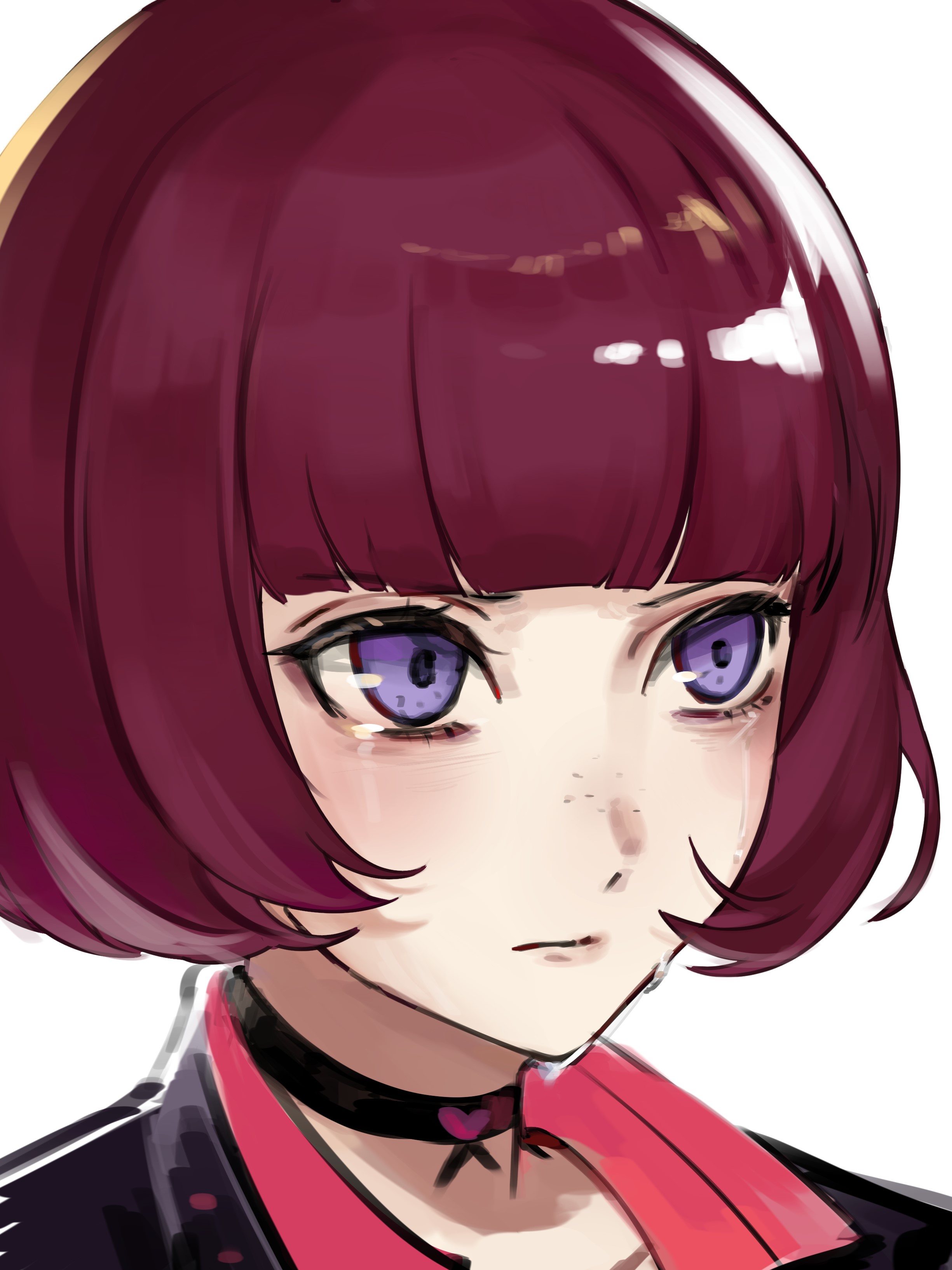 tria0c2, persona, persona 5, persona 5: the phantom x, absurdres, commentary request, highres, 1girl, black choker, bob cut, choker, closed mouth, freckles, hirano aran, purple eyes, purple hair, short hair, simple background, solo, tearing up, tears, upper body, white background
