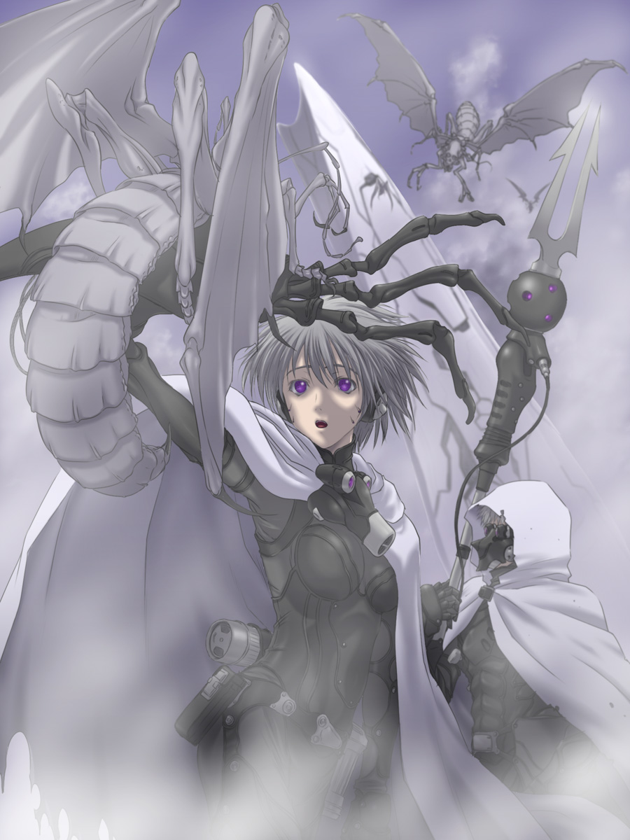 iga tomoteru, original, highres, bodysuit, bug, fantasy, grey hair, monster, polearm, purple eyes, science fiction, short hair, solo, weapon