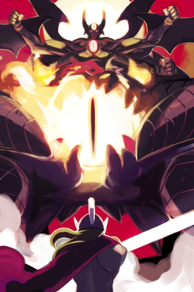 harada takehito, valvoga, valvoga (phantom kingdom), nippon ichi, phantom kingdom, 2boys, battle, blonde hair, cape, epic, extra arms, fire, helmet, long hair, male focus, multiple boys, sword, topless male, weapon