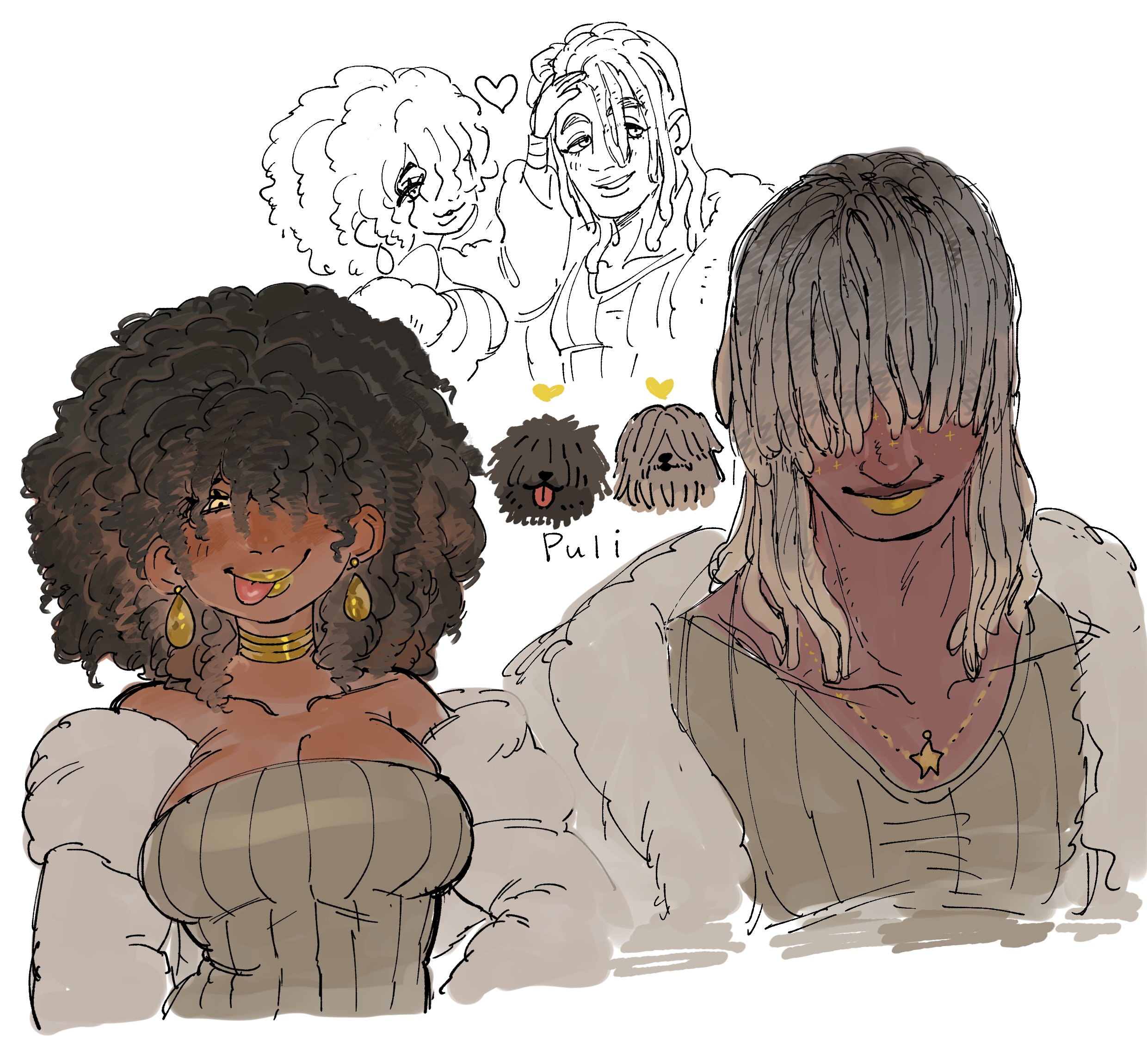 dancho no mori, original, highres, 1boy, 1girl, animal name, big hair, black hair, breasts, cleavage, closed mouth, collarbone, creature and personification, dark-skinned female, dark-skinned male, dark skin, dog, dreadlocks, earrings, gold earrings, gold lips, grey hair, hair over eyes, hair over one eye, heart, jewelry, lips, long hair, medium breasts, neck ring, necklace, personification, puli, short hair, simple background, smile, star (symbol), star necklace, tongue, tongue out, white background, yellow eyes
