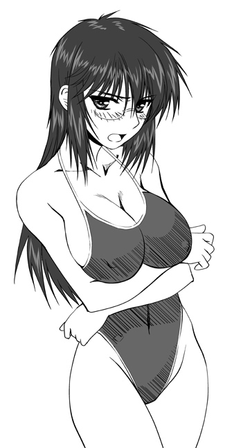 yashi nagomi, tsuyokiss, non-web source, 1girl, blush, breasts, cleavage, covered erect nipples, covered navel, crossed arms, female focus, glasses, greyscale, large breasts, long hair, looking at viewer, monochrome, one-piece swimsuit, open mouth, simple background, solo, standing, swimsuit, white background