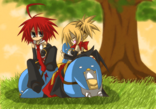 adell (disgaea), prinny, rozalin, disgaea, makai senki disgaea 2, nippon ichi, lowres, 1boy, 1girl, black pants, blonde hair, necktie, pants, red eyes, red hair, tree