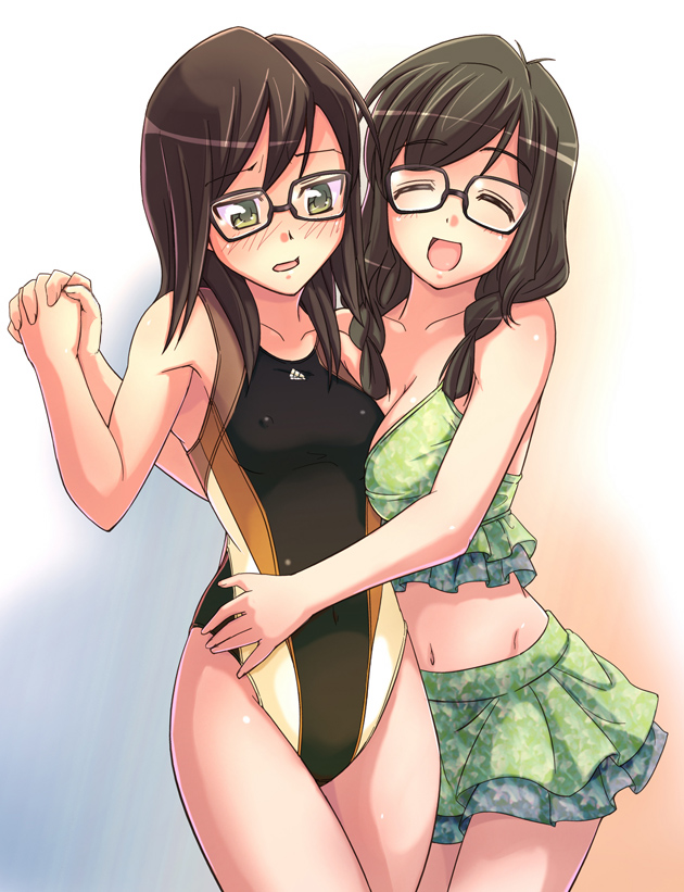 e20, houzumi kaede, houzumi satsuki, original, 2girls, ^ ^, blush, breasts, closed eyes, competition swimsuit, covered erect nipples, glasses, green eyes, hug, large breasts, midriff, multiple girls, one-piece swimsuit, siblings, sisters, small breasts, smile, swimsuit