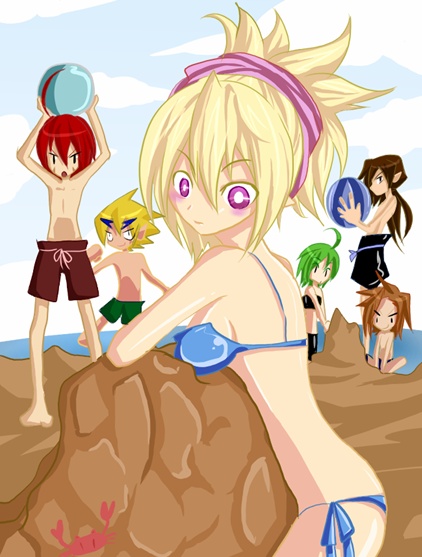 adell (disgaea), akutare (disgaea), female warrior (disgaea), male warrior (disgaea), rozalin, samurai (disgaea), disgaea, makai senki disgaea 2, nippon ichi, 2girls, 4boys, ball, beach, bikini, blonde hair, brown hair, crab, crustacean, green hair, multiple boys, multiple girls, red hair, shorts, swimsuit