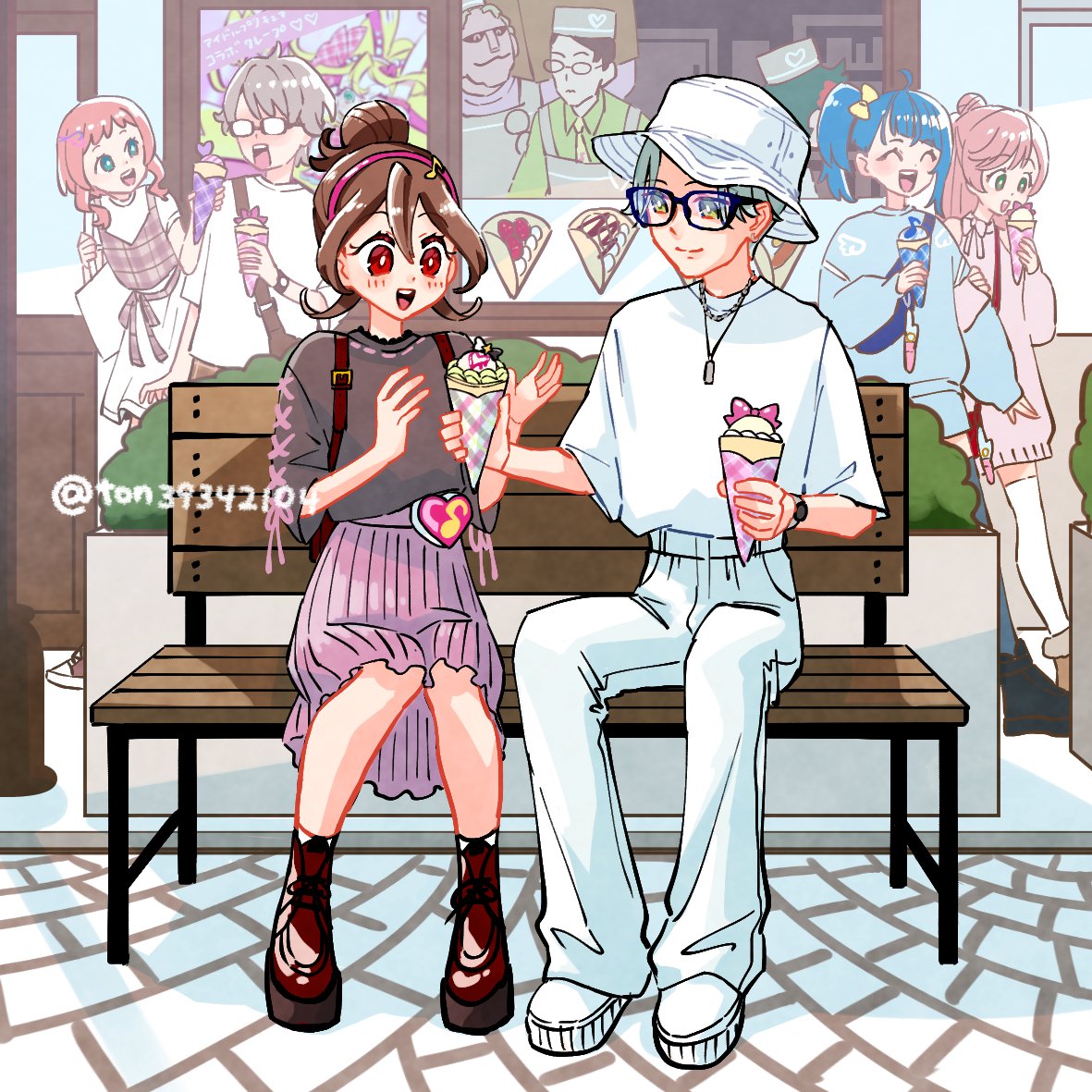 ton (ton39342104), hibiki kaito, inukai iroha, nijigaoka mashiro, sakura uta (precure), sora harewataru, tanaka (precure), toyama satoru, hirogaru sky! precure, kimi to idol precure, precure, wonderful precure!, 4boys, 4girls, ahoge, apron, asymmetrical bangs, bag, bare arms, bench, blue hair, blush, boots, brown hair, closed eyes, couple, crepe, dating, earrings, flirting, food, fortissimo, gingham shirt, giving, glasses, grabbing another's arm, green eyes, green hair, hair bun, hair ornament, hair ribbon, hair tie, hairpin, half up bun, hat, headband, heart pouch, holding, holding crepe, holding food, hoop earrings, ice cream crepe, jewelry, kneehighs, loafers, long sleeves, mature male, multiple boys, multiple earrings, multiple girls, musical note, musical note hair ornament, necklace, on bench, open mouth, orange hair, parted bangs, pink eyes, pink headband, red eyes, ribbon, shirt, shoes, shop, short hair, short sleeves, shoulder bag, side ponytail, sitting, skirt, smile, sneakers, socks, surprised, sweets, talking, tree, twitter username, very short hair, walking, watch, white hat, white shirt, white socks, wristwatch