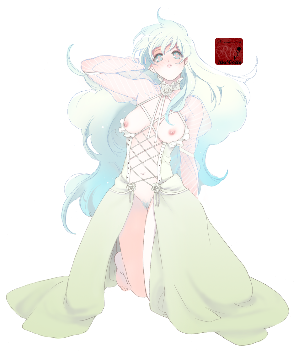 kanke (yonkuma), nia teppelin, tengen toppa gurren lagann, bad id, bad pixiv id, 00s, 1girl, blush, breastless clothes, breasts, choker, colored pubic hair, corset, dress, female focus, female pubic hair, large breasts, lingerie, lipstick, long hair, makeup, multicolored hair, navel, nia colle, nipples, pubic hair, pussy, solo, transparent background, uncensored, underwear, very long hair