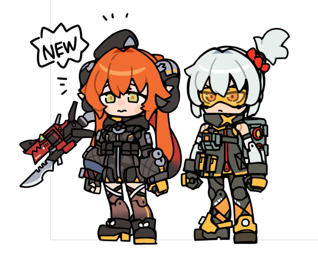 syoya, magus (zenless zone zero), orphie magnusson, soldier 11 (zenless zone zero), zenless zone zero, 2girls, chibi, chibi only, curled horns, curvy, gloves, hat, hood, hoodie, horns, joints, knife, mechanical horns, multiple girls, orange-tinted eyewear, orange hair, pointy ears, pouch, tail, thick thighs, thighhighs, thighs, tinted eyewear, twintails, white background, white hair, zipper
