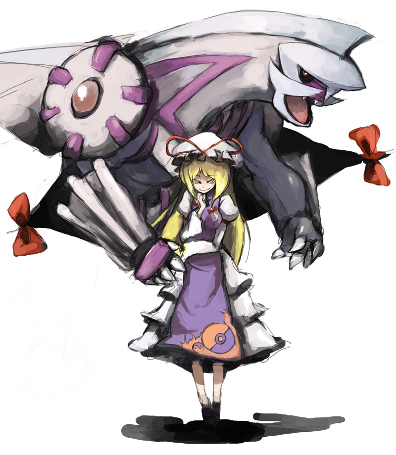 kasa (hitori sanka), palkia, yakumo yukari, nintendo, pokemon, touhou, 00s, 1girl, blonde hair, costume, crossover, dragon, dress, gen 4 pokemon, legendary pokemon, looking at viewer, pokemon (creature), yellow eyes