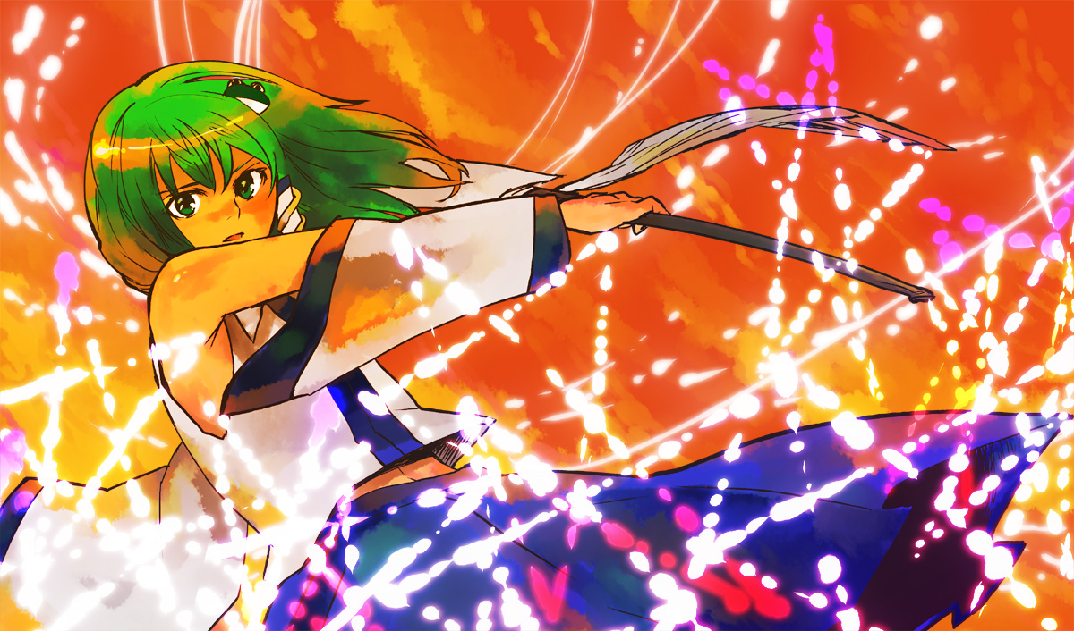 kuma (artist), kuma (crimsonvanilla), kochiya sanae, touhou, 1girl, armpits, blue skirt, cowboy shot, detached sleeves, female focus, frog hair ornament, gohei, green hair, hair ornament, looking at viewer, oonusa, orange background, simple background, skirt, solo, vest