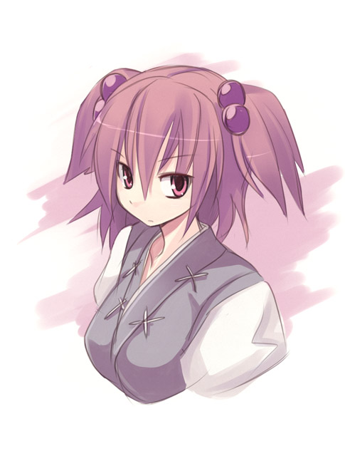 seo tatsuya, onozuka komachi, touhou, 1girl, blue dress, dress, expressionless, female focus, hair over one eye, looking at viewer, red eyes, red hair, short hair, simple background, solo, white background