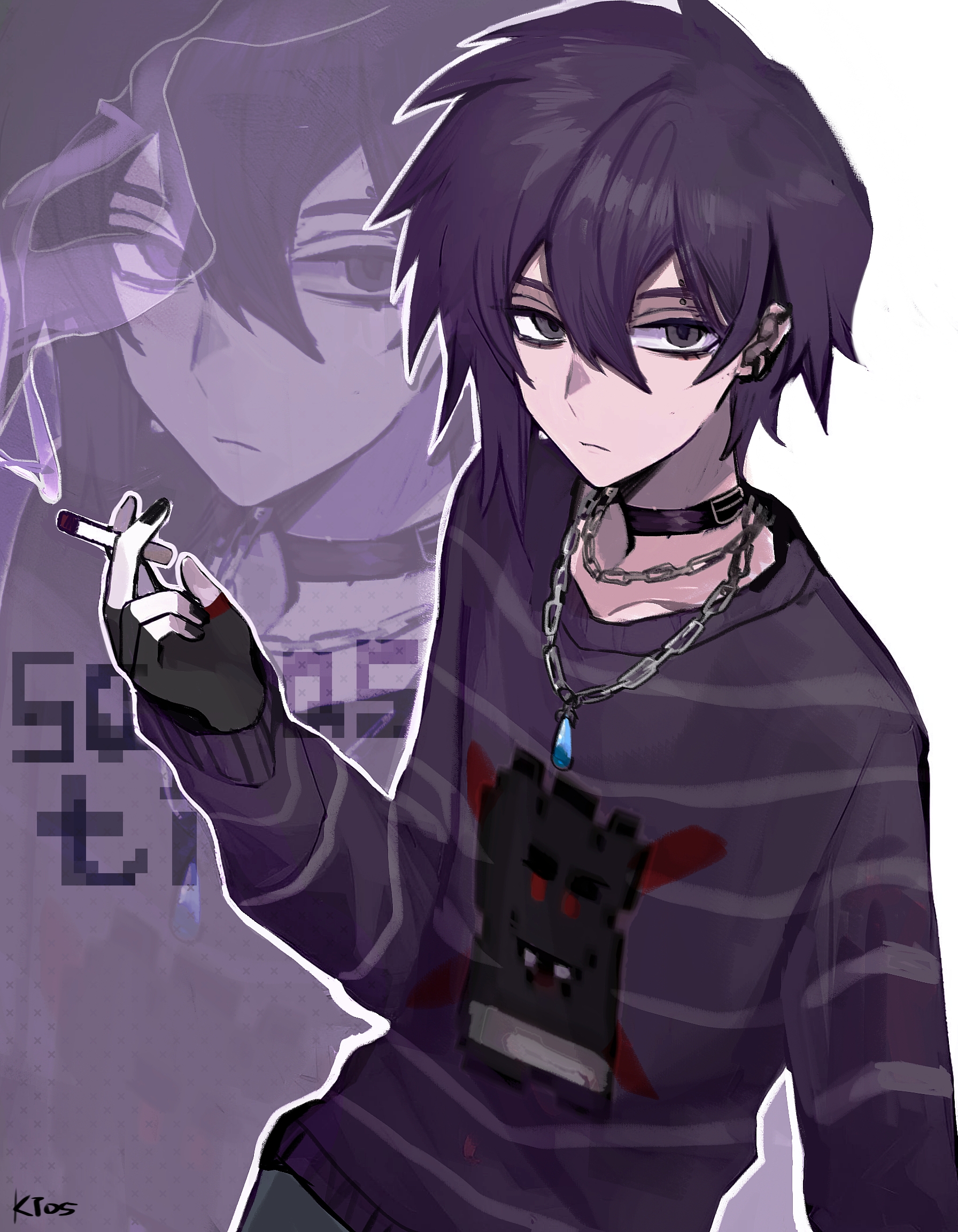 sebastian (stardew valley), stardew valley, commentary, highres, 1boy, alternate costume, artist name, black eyes, black gloves, black nails, chain, cigarette, closed mouth, ear piercing, expressionless, fingerless gloves, fingernails, gloves, goth fashion, hair between eyes, holding, holding cigarette, jewelry, ku li tusi, long sleeves, looking at viewer, male focus, necklace, piercing, purple hair, purple shirt, shirt, short hair, smoke, solo