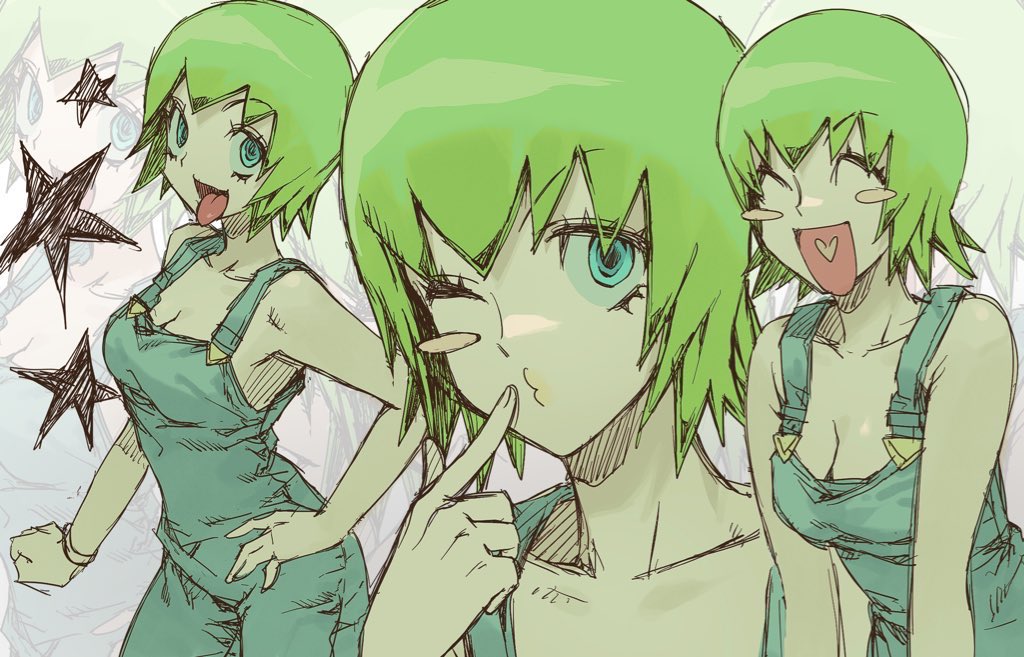 aseupilin666, foo fighters (jojo), jojo no kimyou na bouken, stone ocean, 1girl, blush stickers, bracelet, breasts, cleavage, closed eyes, finger to mouth, green eyes, green hair, hand on own hip, heart, heart in mouth, index finger raised, jewelry, looking at viewer, multiple views, open mouth, overalls, pursed lips, short hair, single blush sticker, smile, star (symbol), tongue, tongue out
