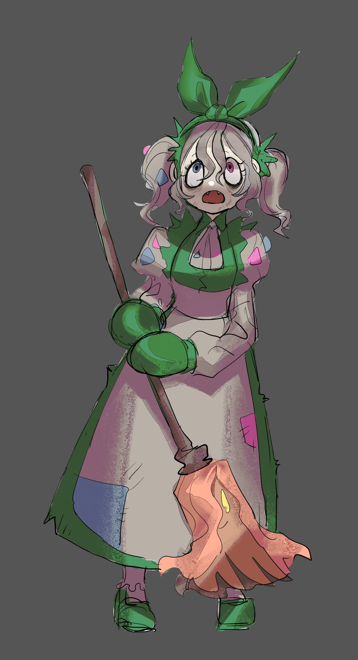 dancho no mori, garbodor, nintendo, pokemon, highres, 1girl, apron, ascot, bags under eyes, blue eyes, broom, d:, dress, eyelashes, fangs, full body, gen 5 pokemon, green dress, green hairband, green mittens, green shoes, grey apron, grey ascot, grey background, grey hair, hair between eyes, hairband, heterochromia, holding, holding broom, juliet sleeves, legs apart, long sleeves, looking up, mittens, open mouth, personification, pink eyes, puffy sleeves, shoes, short hair, simple background, solo, standing, twintails, waist apron