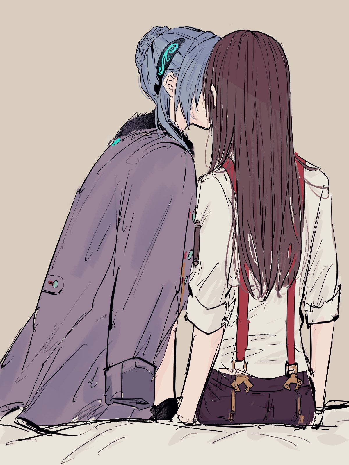kulfiq, hanamura shiki, yanagi mion, heaven burns red, highres, 2girls, blue hair, braid, brown hair, butterfly hair ornament, coat, gloves, hair bun, hair ornament, jacket, jacket on shoulders, kiss, long hair, multiple girls, sitting, sleeves rolled up, suspenders, yuri