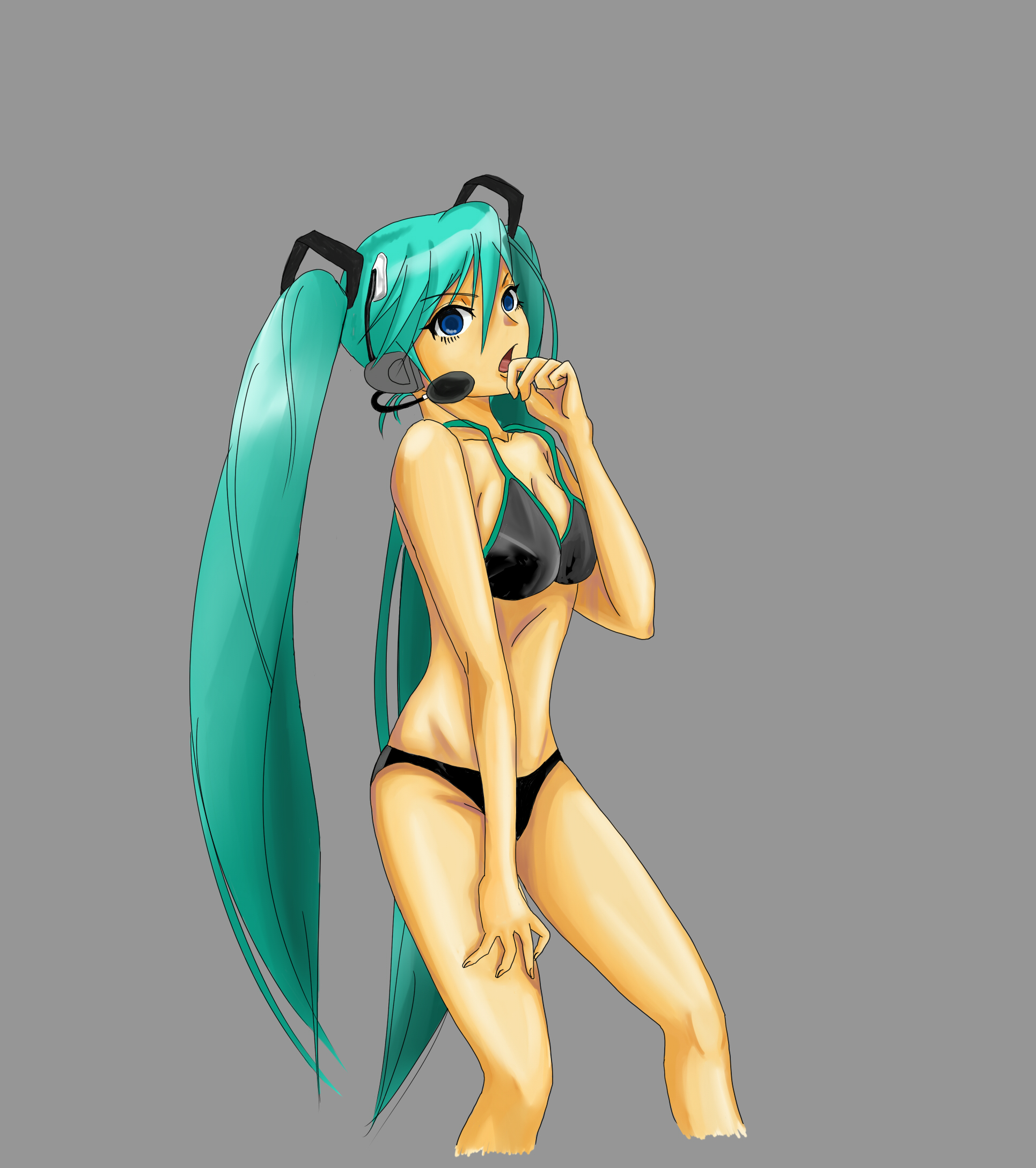 yuzuhaok, hatsune miku, vocaloid, bad id, bad pixiv id, highres, bikini, green eyes, green hair, headphones, long hair, microphone, solo, swimsuit, twintails, very long hair