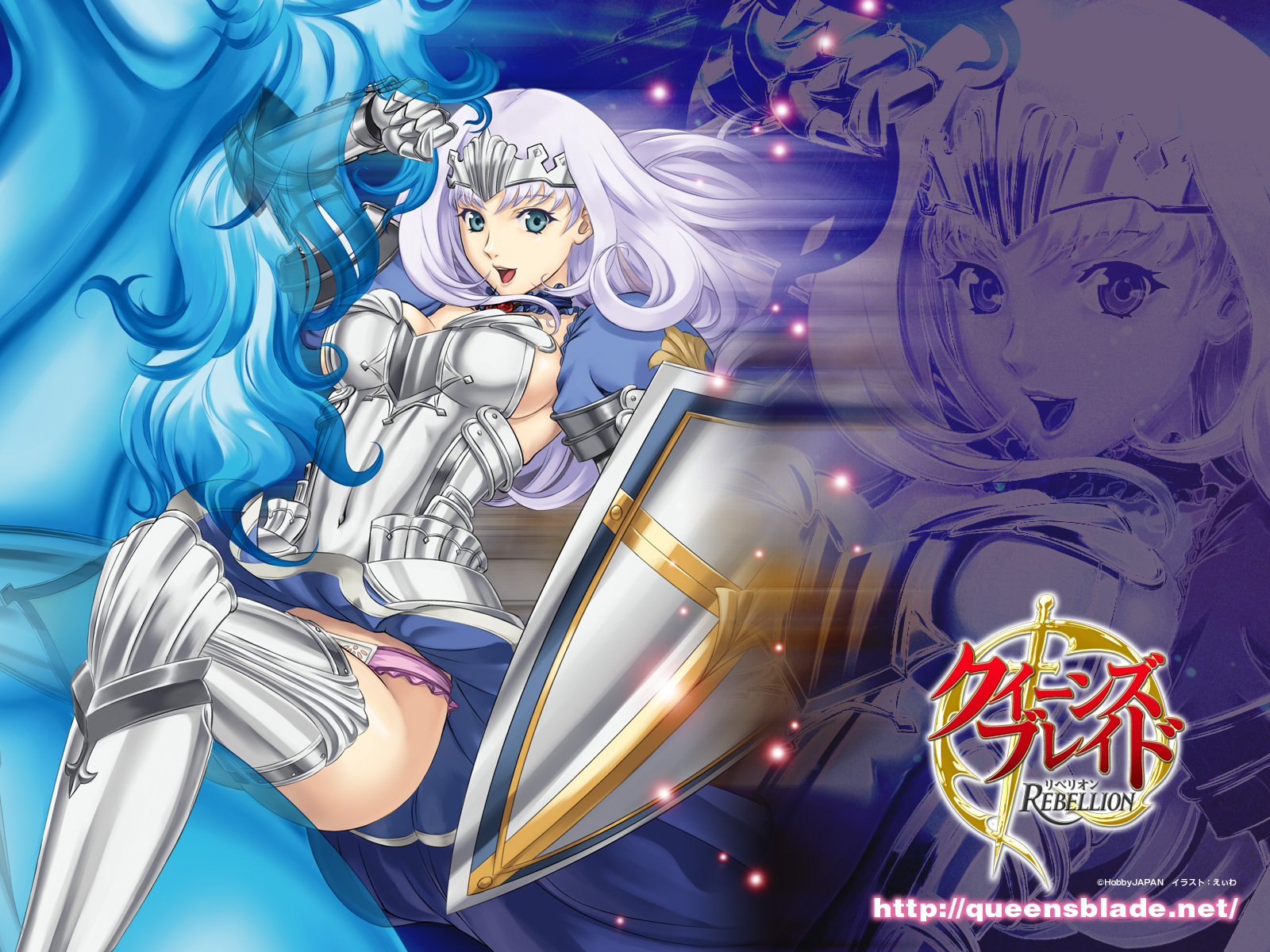 eiwa, ambrosius, annelotte, knight princess annelotte, queen's blade, queen's blade rebellion, light purple hair, highres, 00s, 10s, 1girl, annelotte (queen's blade), armor, armored dress, blue eyes, breasts, dress, fantasy, female focus, horse, large breasts, panties, pink panties, shield, sideboob, solo, thighhighs, tiara, underwear, zoom layer