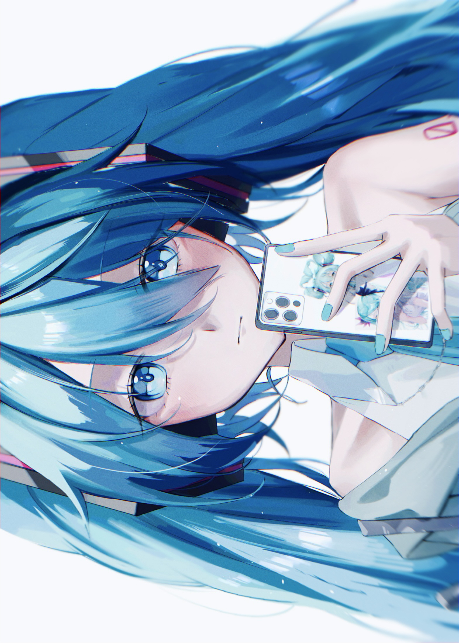 saksak mocchiri, cinnamiku, hatsune miku, hatsune miku (supreme), project diva (series), vocaloid, annotated, commentary request, highres, 1girl, artist self-reference, bare shoulders, blue eyes, blue hair, blue nails, blue necktie, blush, cellphone, character print, closed mouth, collared shirt, grey jacket, grey shirt, hair between eyes, holding, holding phone, jacket, long hair, long sleeves, looking at viewer, necktie, number tattoo, open clothes, open jacket, phone, shirt, shoulder tattoo, sideways, simple background, single bare shoulder, smartphone, solo, tattoo, twintails, white background
