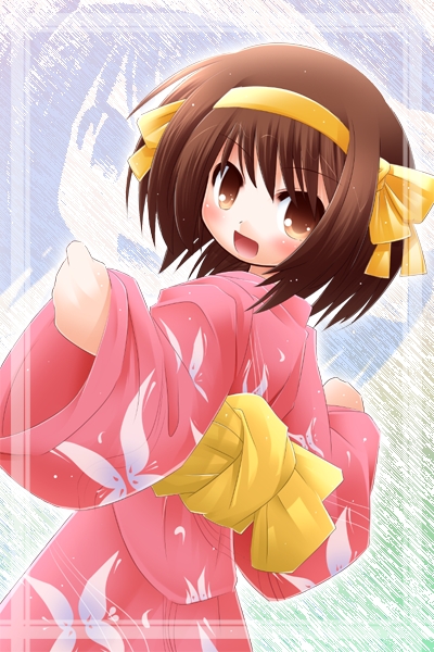 kso, suzumiya haruhi, suzumiya haruhi no yuuutsu, 00s, 1girl, animal ears, brown hair, bug, butterfly, female focus, hairband, insect, japanese clothes, kimono, rabbit ears, short hair, solo