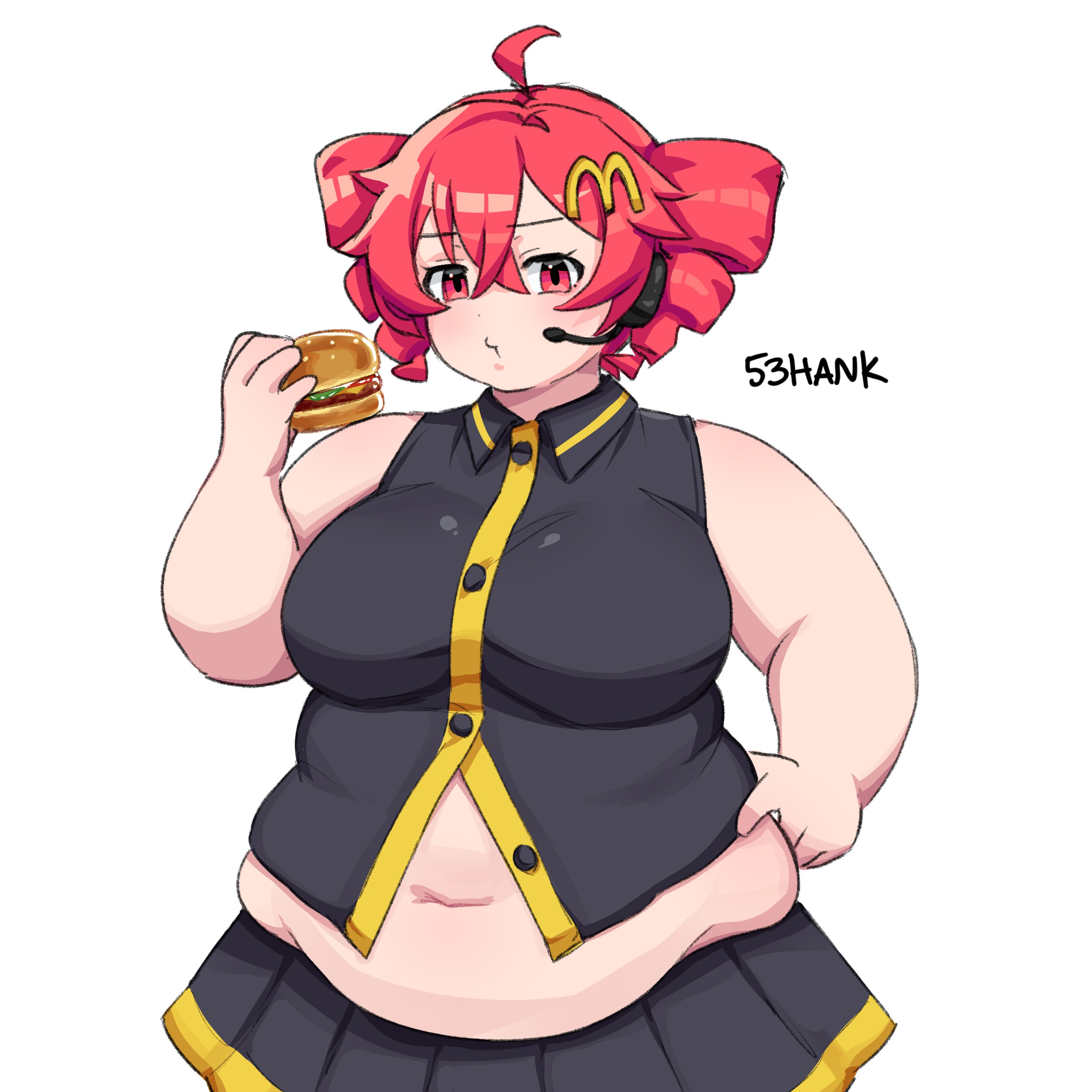 53hank, kasane teto, mcdonald's, utau, absurdres, highres, 1girl, ahoge, alternate body size, artist name, breasts, burger, buttons, closed mouth, drill hair, fat, food, grey shirt, grey skirt, hair between eyes, hand on own hip, holding, holding burger, holding food, large breasts, looking at viewer, microphone, miniskirt, navel, partially unbuttoned, pleated skirt, red eyes, red hair, shirt, simple background, skirt, sleeveless, sleeveless shirt, solo, thick arms, twin drills, white background, wing collar, yellow skirt