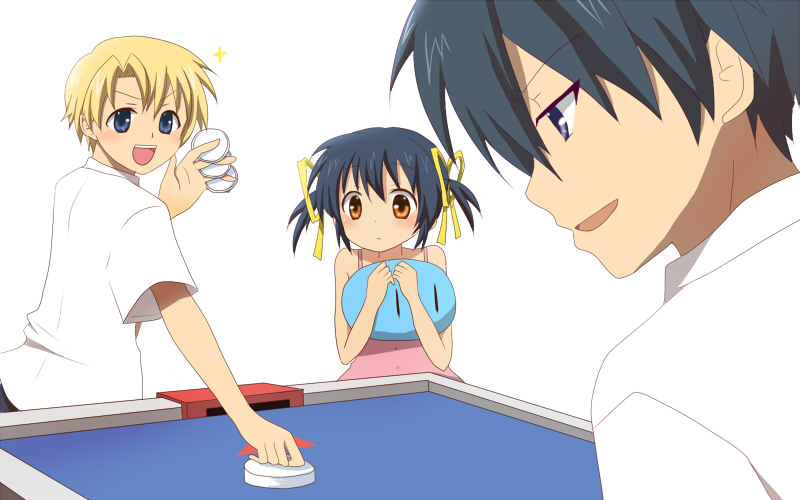 ryokka, okazaki tomoya, sunohara mei, sunohara youhei, clannad, dango daikazoku, 00s, 1girl, 2boys, :d, air hockey, black hair, blue eyes, clenched hand, dango, food, holding, looking at viewer, multiple boys, open mouth, red eyes, school uniform, shirt, simple background, smile, t-shirt, twintails, wagashi, white background