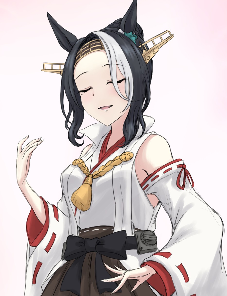 ichimai (apieceof ray151), kongou (kancolle), mejiro ramonu (umamusume), touyama nao, kantai collection, umamusume, highres, translated, 1girl, animal ears, closed eyes, cosplay, detached sleeves, horse ears, horse girl, kongou (kancolle) (cosplay), mole, mole under eye, smile, solo, striped hair, voice actor connection, wide sleeves