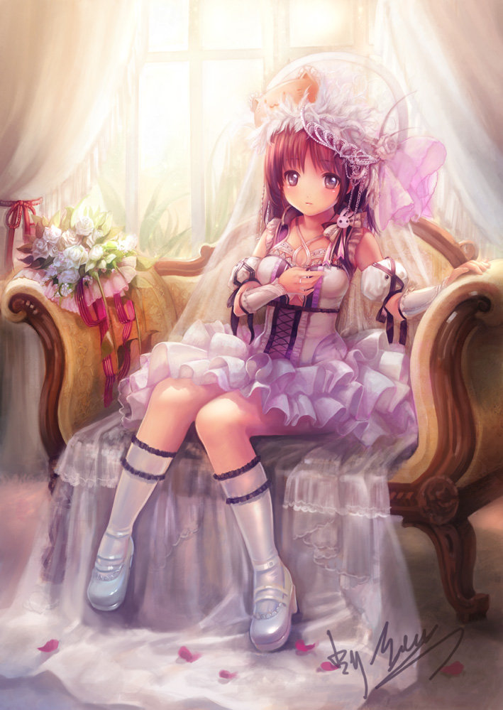 yoru (xueyinye), original, 1girl, couch, female focus, flower, lolita fashion, long hair, petals, sitting, solo, veil, window