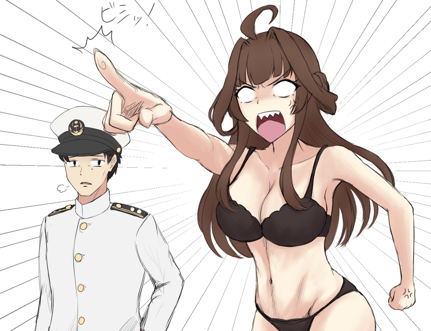 ichimai (apieceof ray151), admiral (kancolle), kongou (kancolle), kantai collection, commentary request, 1boy, 1girl, ahoge, anger vein, angry, black bra, bra, breasts, brown hair, cleavage, looking at another, military uniform, open mouth, pointing, sharp teeth, teeth, underwear, voice actor connection