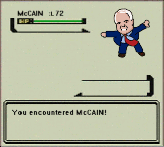 barack obama, hillary clinton, john mccain, nintendo, pokemon, animated, animated gif, lowres, america, battle, fake screenshot, game hud, parody, pokemon battle, politician, typo