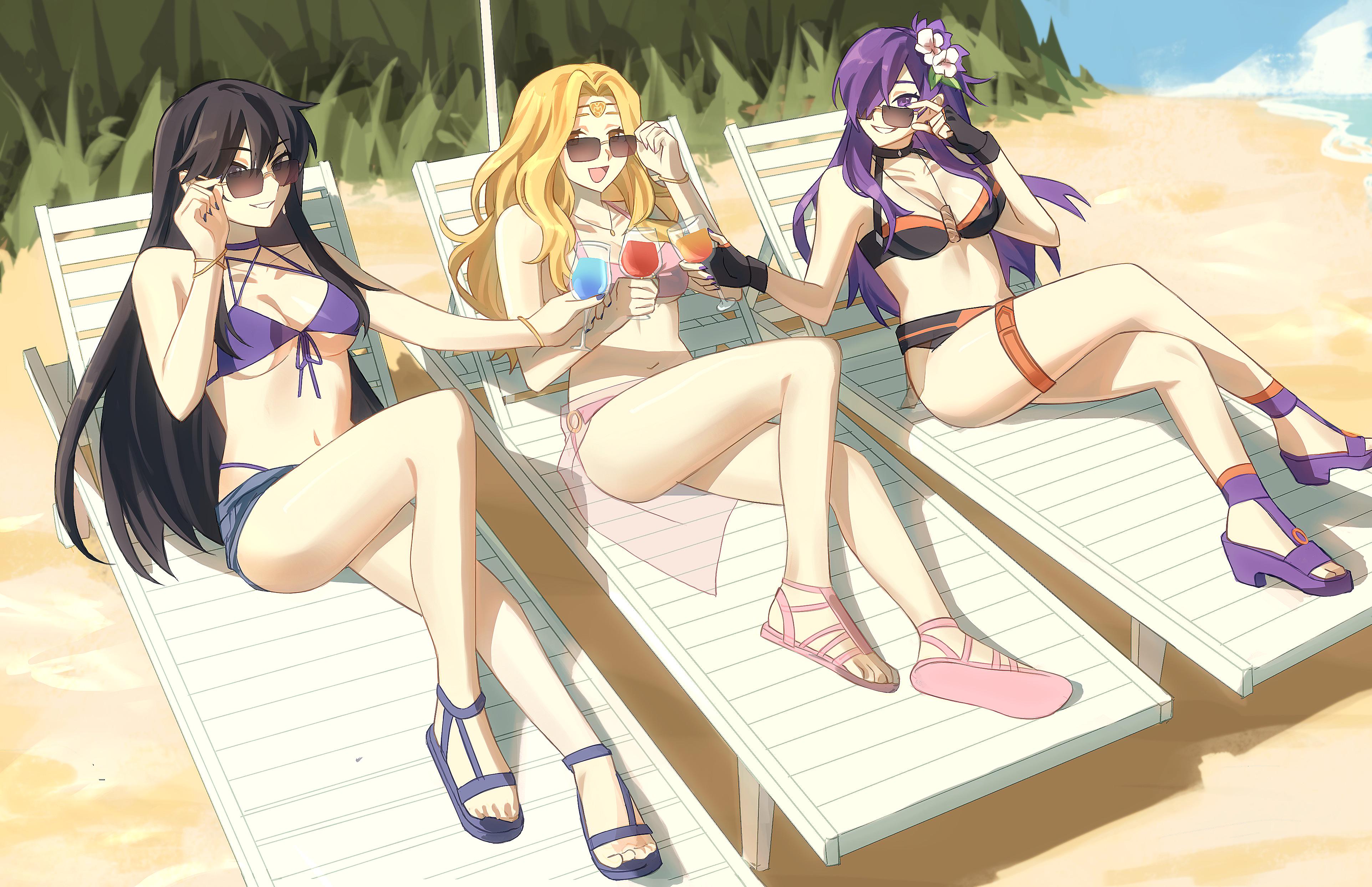 babykatafan, ayra (fire emblem), edain (fire emblem), female shez (fire emblem), female shez (summer) (fire emblem), fire emblem, fire emblem: genealogy of the holy war, fire emblem: three houses, fire emblem heroes, fire emblem warriors: three hopes, nintendo, absurdres, highres, second-party source, 3girls, :d, alternate costume, bare shoulders, beach, beach chair, bikini, black bikini, black choker, black hair, blonde hair, blue shorts, blue sky, breasts, choker, cleavage, crossed legs, cup, flower, front-tie bikini top, front-tie top, grass, hair flower, hair ornament, hair over one eye, hibiscus, holding, holding cup, long hair, looking at viewer, medium breasts, multiple girls, navel, official alternate costume, open mouth, outdoors, pink bikini, pink sandals, purple bikini, purple eyes, purple hair, purple sandals, sand, sandals, short shorts, shorts, sitting, sky, smile, stomach, sunglasses, swimsuit, thigh strap, thighs, toasting (gesture), toes, tongue, underboob, white flower