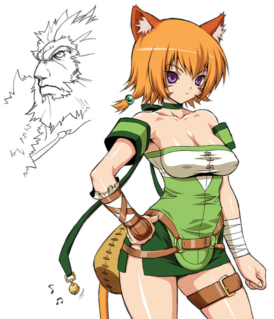 onomeshin, caineghis (fire emblem), laguz (fire emblem), lethe (fire emblem), fire emblem, fire emblem: path of radiance, fire emblem: radiant dawn, nintendo, 1boy, 1girl, animal ear fluff, animal ears, beamed quavers, bell, belt, cat ears, cat tail, choker, gloves, hand on own hip, musical note, o-ring, o-ring belt, purple eyes, quaver, shorts, side slit, side slit shorts, simple background, tail, thigh strap, thighs, two-tone gloves, white background
